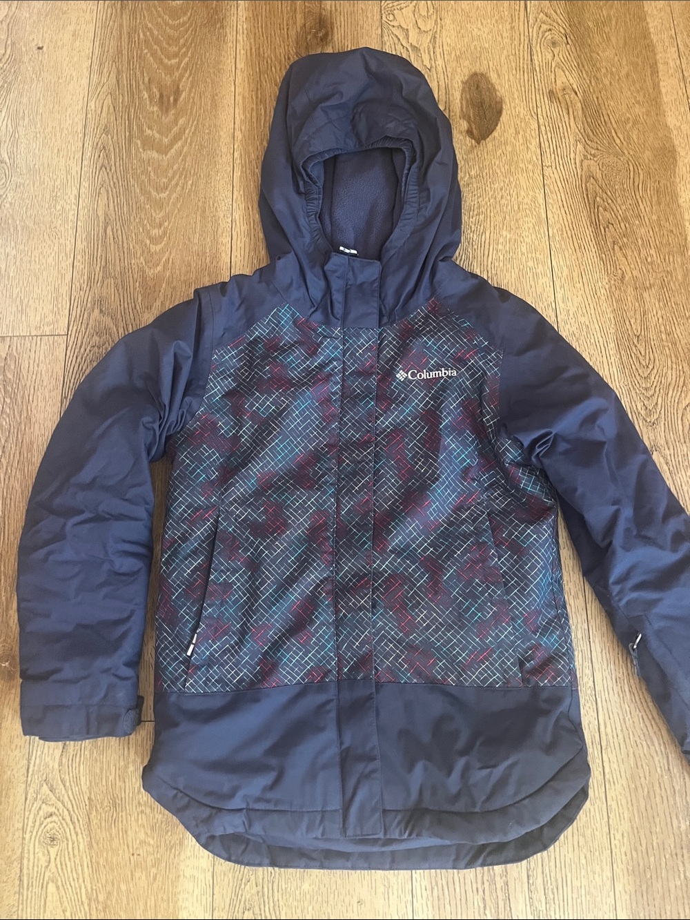 Columbia Kids Navy Hooded Puffer Jacket with Teal & Burgundy Pattern